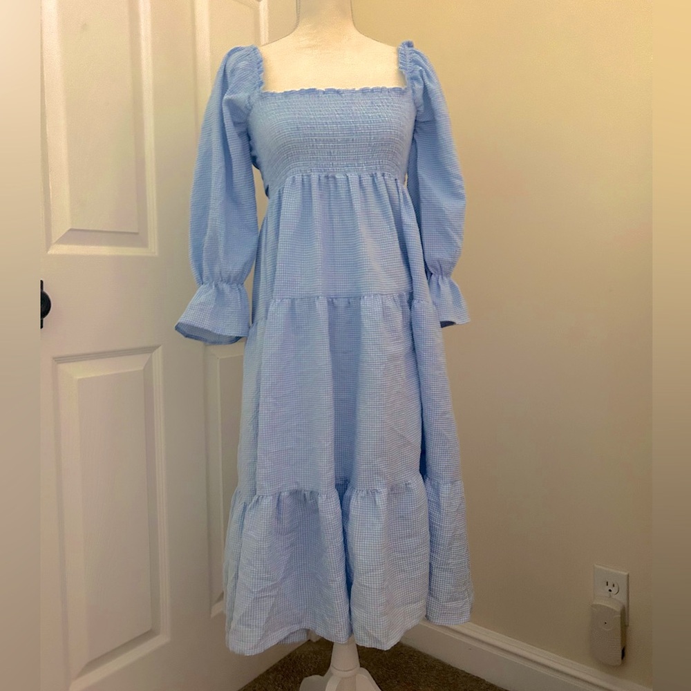 SundayUp Blue Gignham Sundress puff sleeves and bow